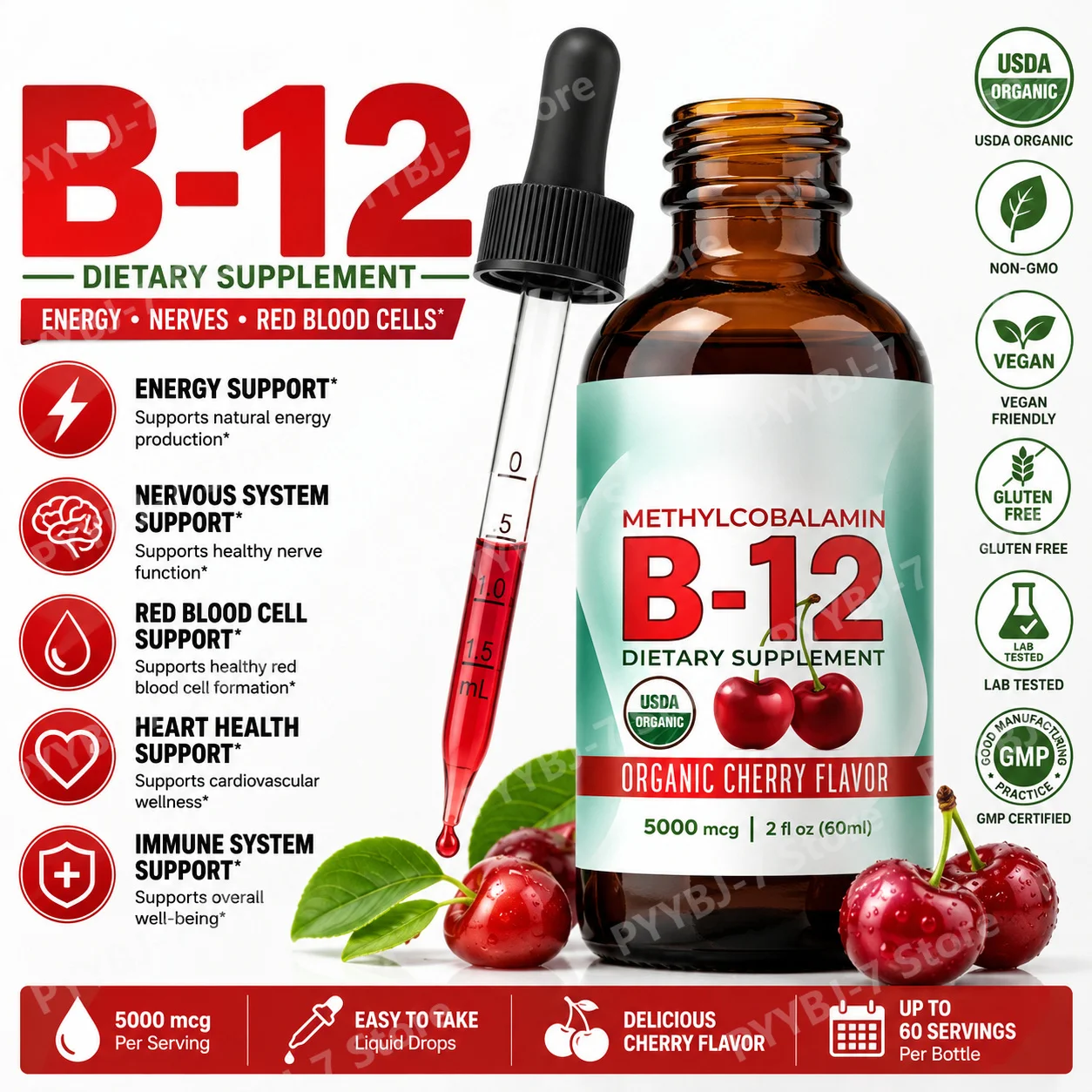 

Methylcobalamin Vitamin B12 Drops Liquid Sublingual Supplement Cherry Flavor Daily Support Relaxation Mental Clarity Mood Memory