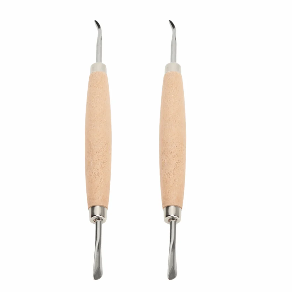 2pcs Wooden Handle Leather Carving Tools Double Head Lightweight Design Modeling Carving Tools Metal Tip Leather Press Rub Tool