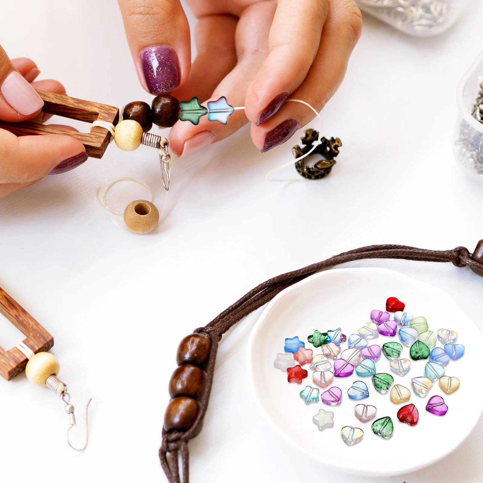 

200Pcs Star Heart Glass Beads Colorful Small Spacer Beads for Jewelry Making Bracelets Necklaces Craft Supplies