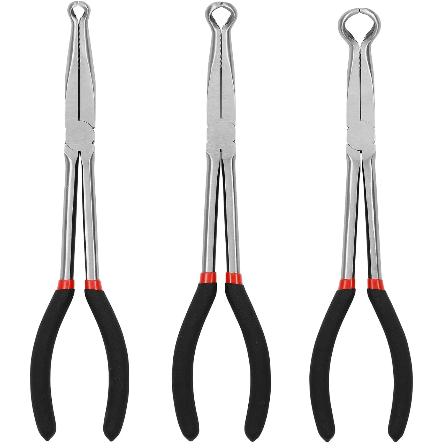 

3PCS 11 Long Hose Pliers Set, 5/16 Inch, 1/2 Inch, /4 Inch Ring Nose Hose Gripper Pliers , Carbon Steel Offset Spark Plug Boo