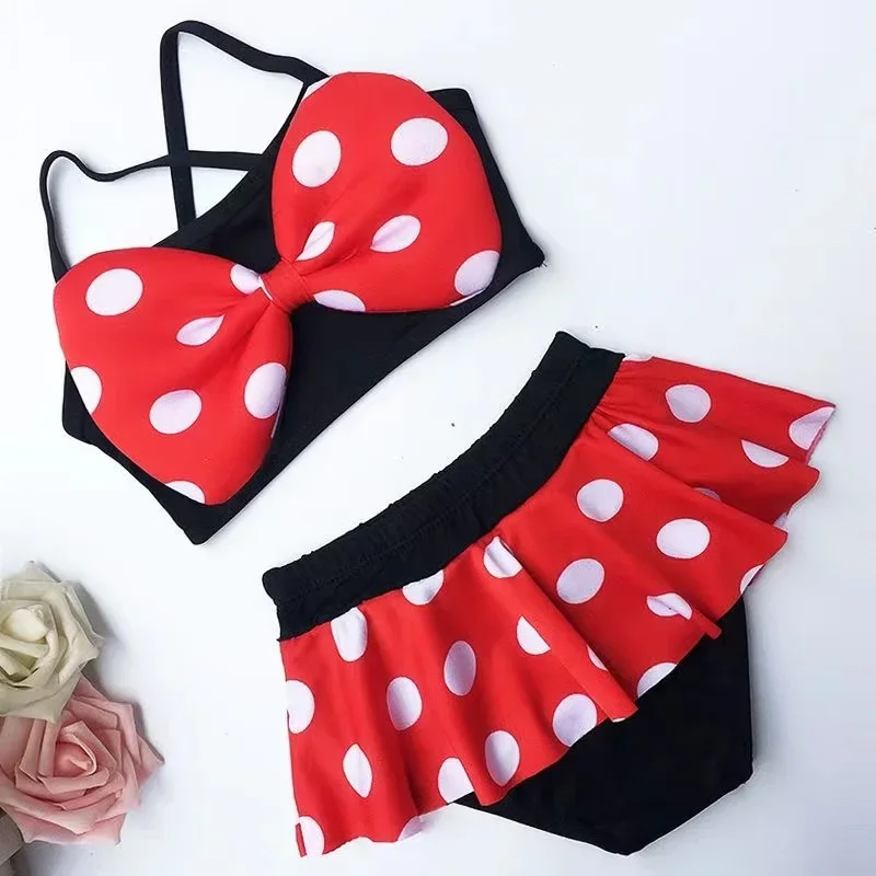 Baby Girl stroje kąpielowe księżniczka Mickey Mouse nadruk w kropki strój kąpielowy z kapeluszem dzieci strój do surfingu Kid niemowlę Cartoon Beach