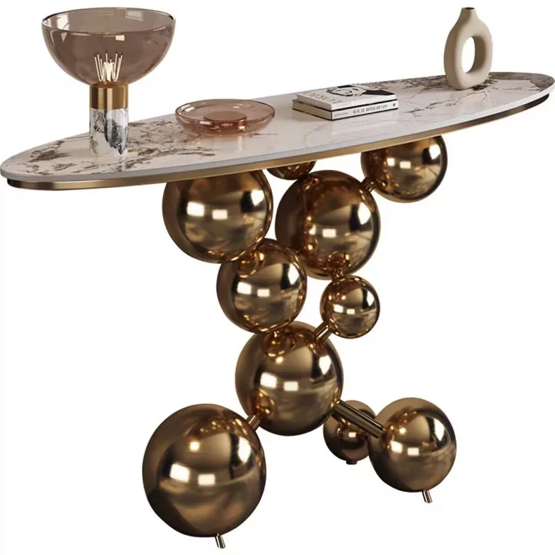 Stainless steel sintered stone entryway console for villas, high-end striped table, modern minimalist corridor feature vie