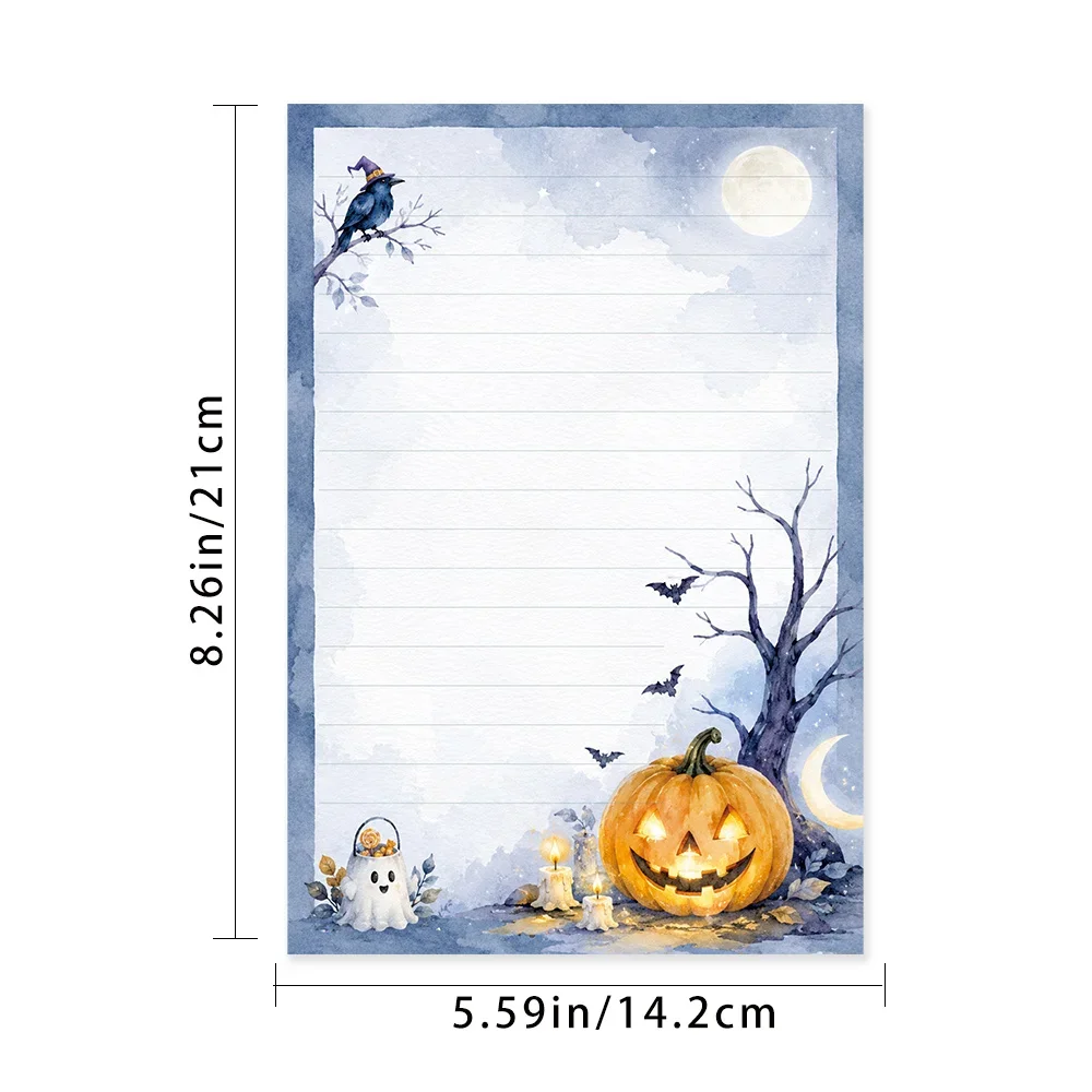 50 Sheets,Blue Tone Watercolor Halloween -themed Writing Paper, Lined, Glue-free, Perfect For Notebooks, Memos, And Stickers