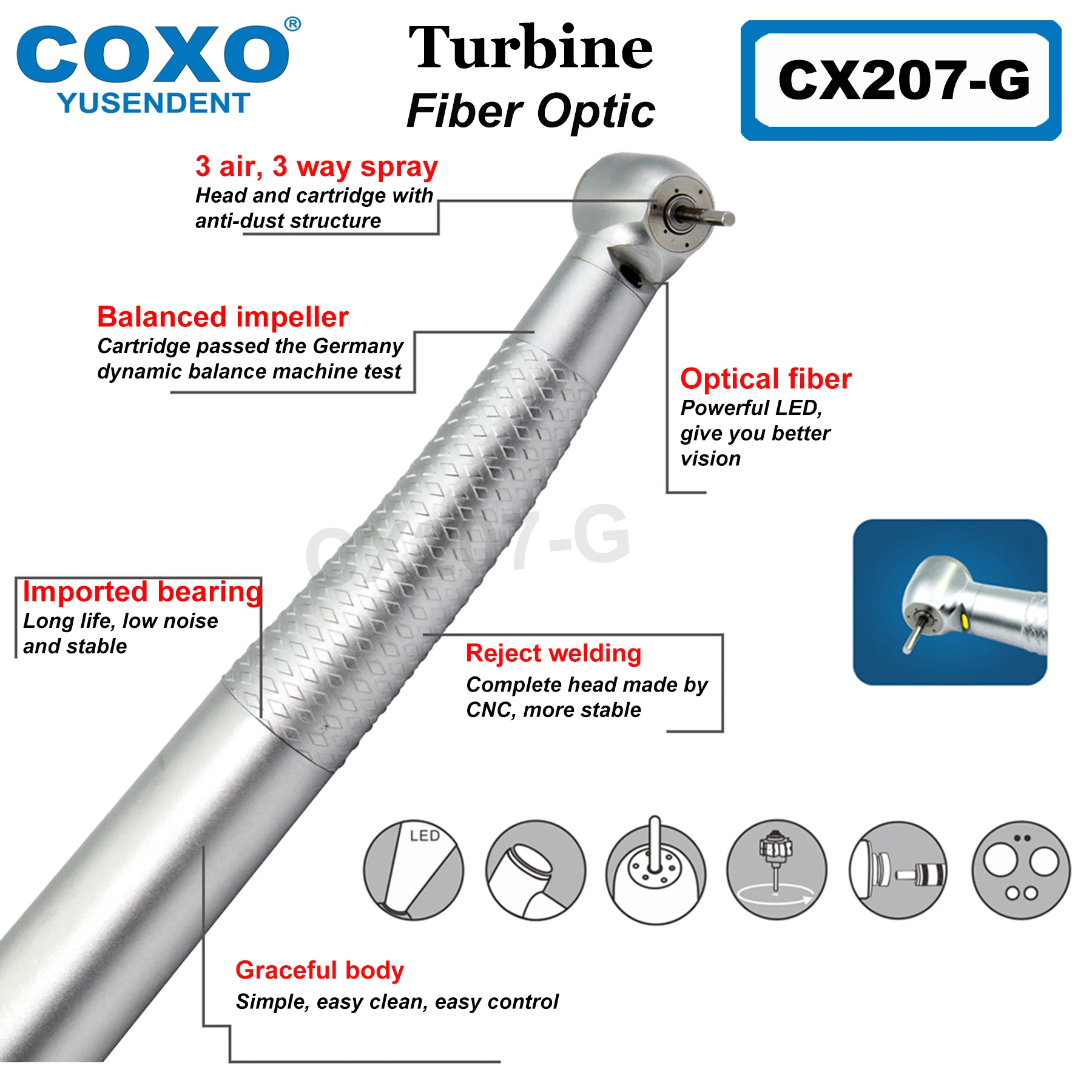 COXO-Fibra Óptica Turbina Dental de Alta Velocidade, Rotor de Ar, Torque de Ar, Cabeça Grande, Acoplador LED, 6 Pinos, KAVO, NSK, Sirona WH