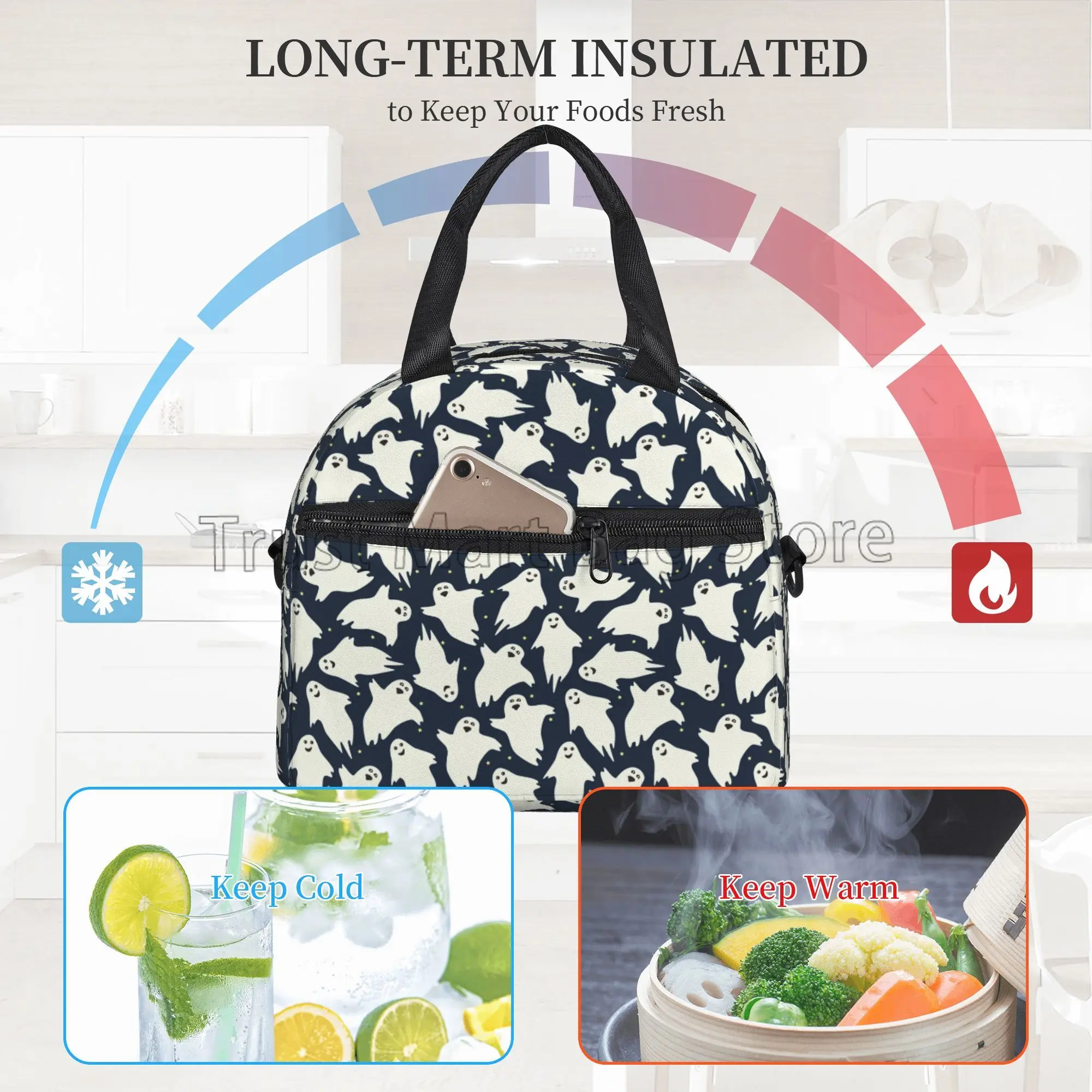 Halloweeen Insulated Lunch Bag Cute Funny Ghosts Lunch Box Tote Bag with Detachable Shoulder Strap Reusable Thermal Cooler Bag