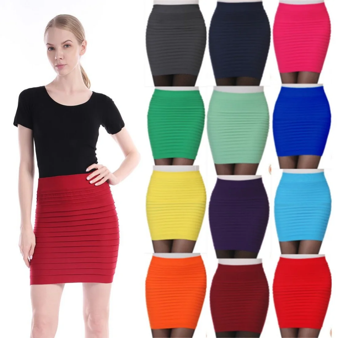 

Summer Women High Waist Pleated Skirt Office Lady Slim Pencil Skirts Bodycon Mini Sexy Pencil Skirts Solid Color Short Skirt Hot