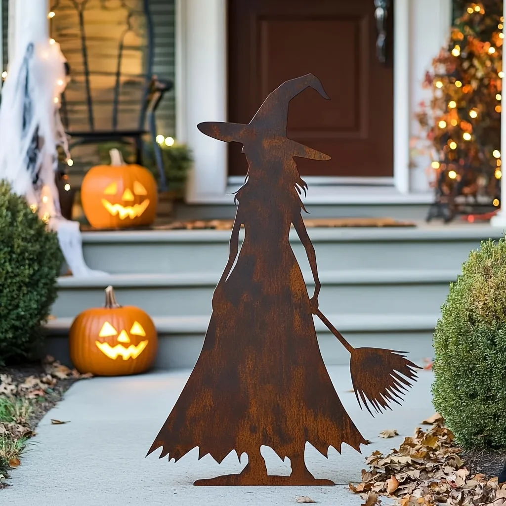 [Halloween Outdoor Holiday] 2D Flat Vintage Rust-Colored Witch Figure Ground Stake, Halloween Outdoor Yard Lawn Holiday