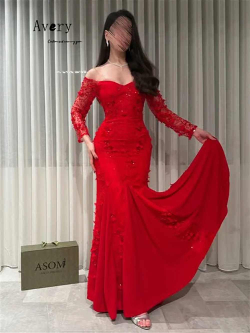 Avery personalizado fishtail 3d flor querida fora do ombro vestidos de noite femininos de luxo vestido de baile vestido de baile 2025