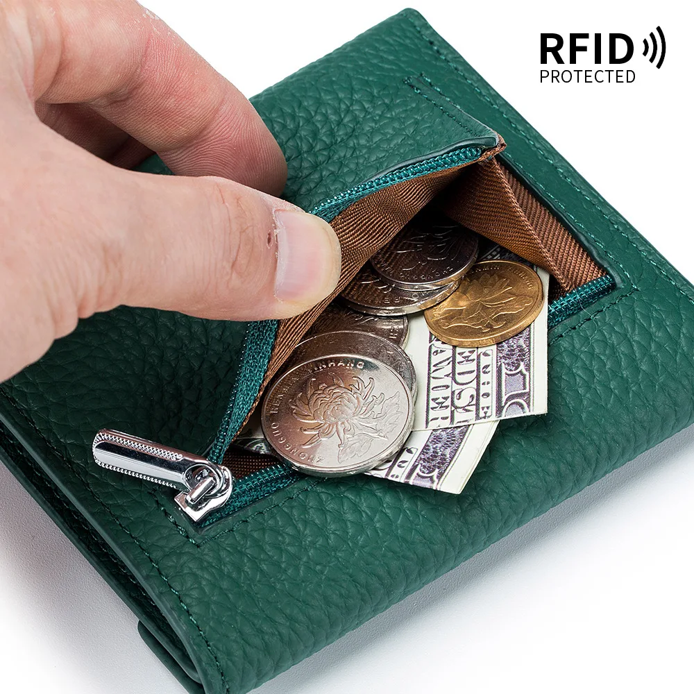 Genuine Leather Women Wallet Short RFID Female Fashion Envelope Wallet Card Holder Small Purse Zipper Coin Pocket High Quality