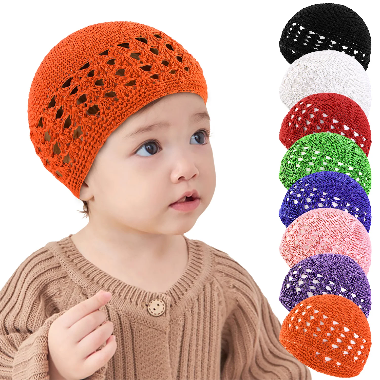 

2024 Kids New Kufi Cap Solid Cotton Knit Skullies Beanies Skull Cap for Children Classic Crochet Handmade Hat Islamic Prayer Cap