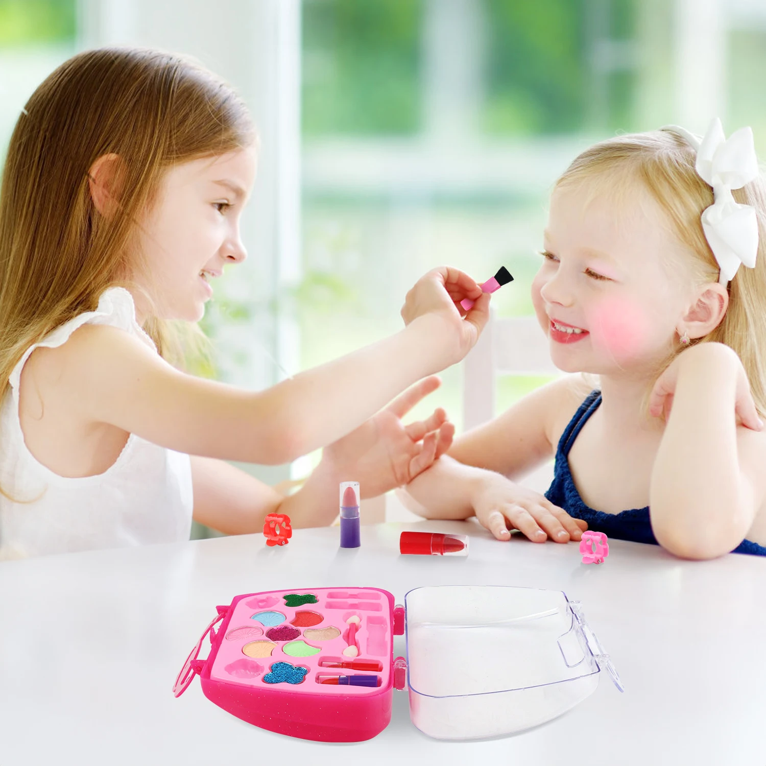 Make-Upset Voor Kinderen, Echt Wasbaar Draagbaar Cosmetisch Schoonheidsset Met Spiegel, Kinderkleding En Rollenspel Voor Verjaardagscadeaus