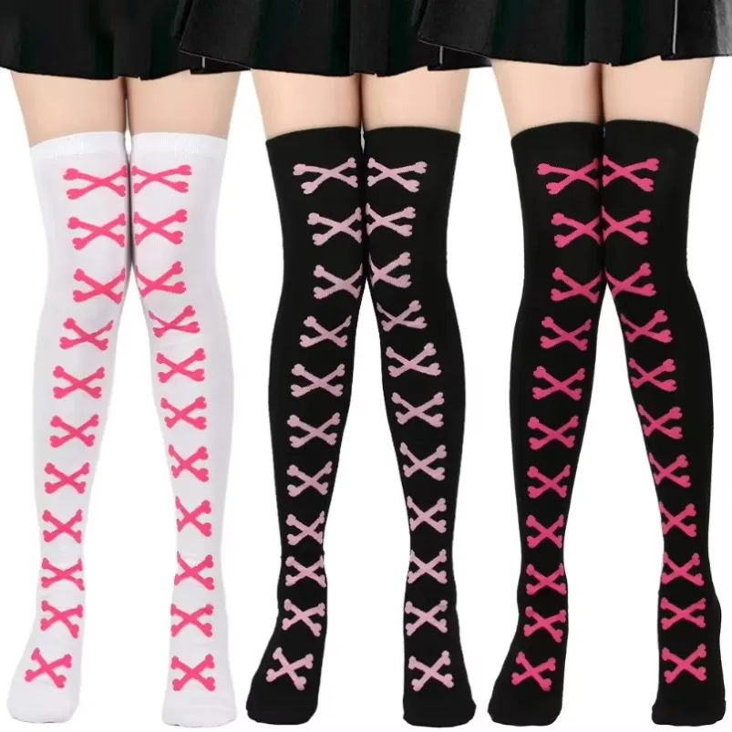 Womens Sok Dij Hoge Kousen bot Dames Halloween Zwart Wit roze Gestreept Over Boven Lange Knie Sok grappige Cosplay Harajuku