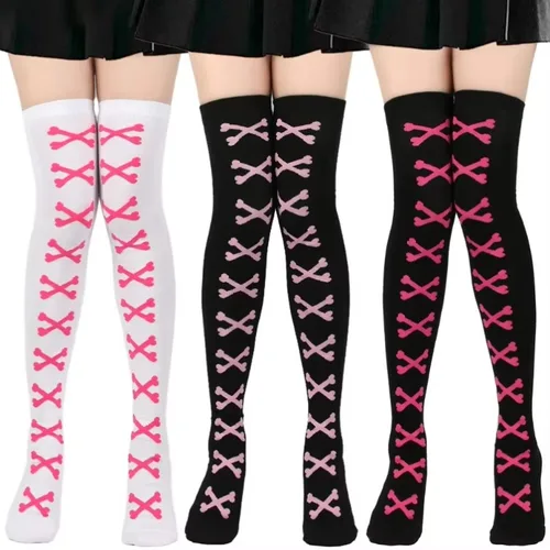 Imagen 2 del producto Calcetines hasta el muslo para mujer, medias altas de hueso para Halloween, negro, blanco, rosa, a rayas por encima de la rodilla, divertido Cosplay Harajuku