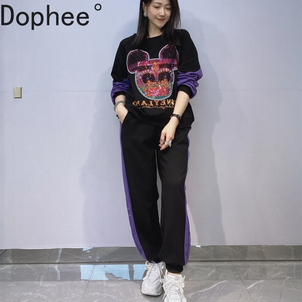 

Fashion Autumn Women Two-piece Set Diamonds O-neck Long Sleeve Hoodie Pullover Top + Elastic Waist Casual Sports Pants Suits