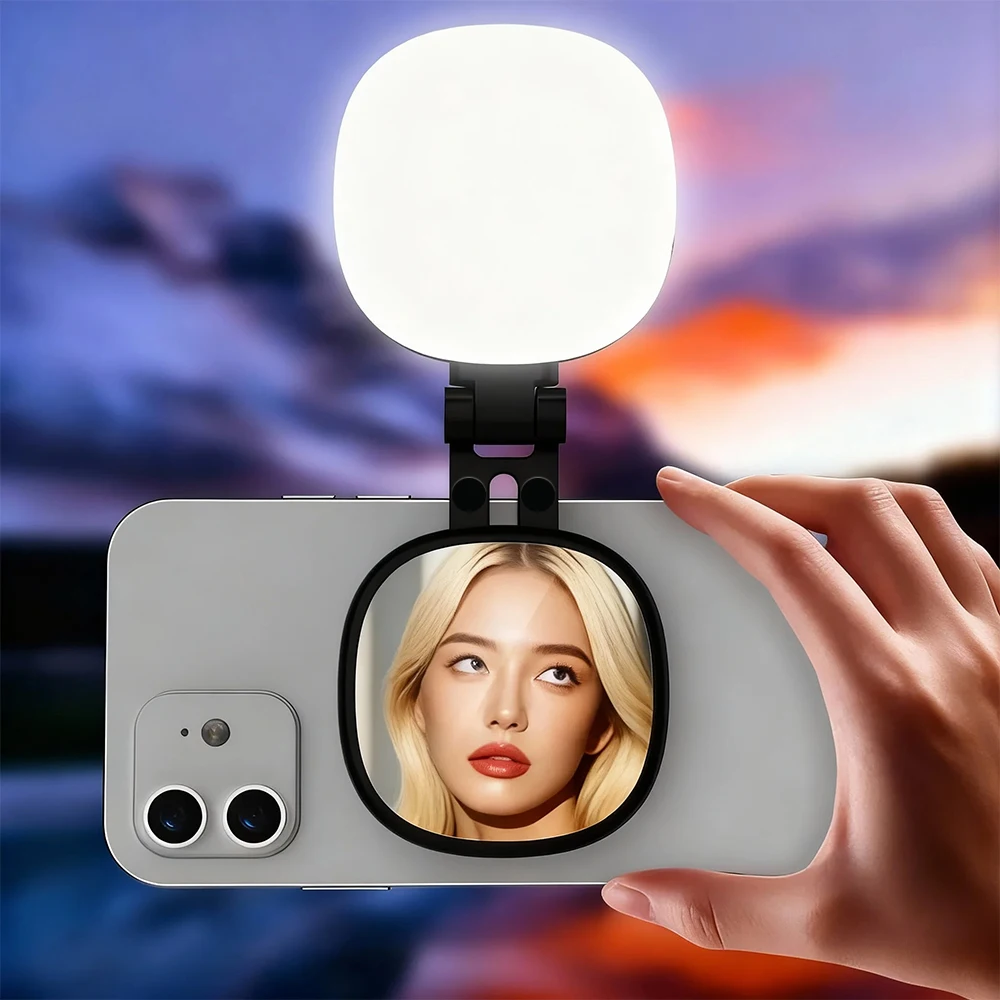 Espejo Magnético Multifuncional para Selfies con Luz de Relleno Mini, Luz de Relleno Reversible de Tres Colores Ajustable para Video