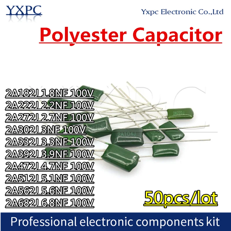 50pcs 100V Polyester Film Capacitor 2A182J 2A222J 2A272J 2A302J 2A332J 2A392J 2A472J 2A512J 2A562J 2A682J 1.8NF 2.2NF 2.7NF 3NF