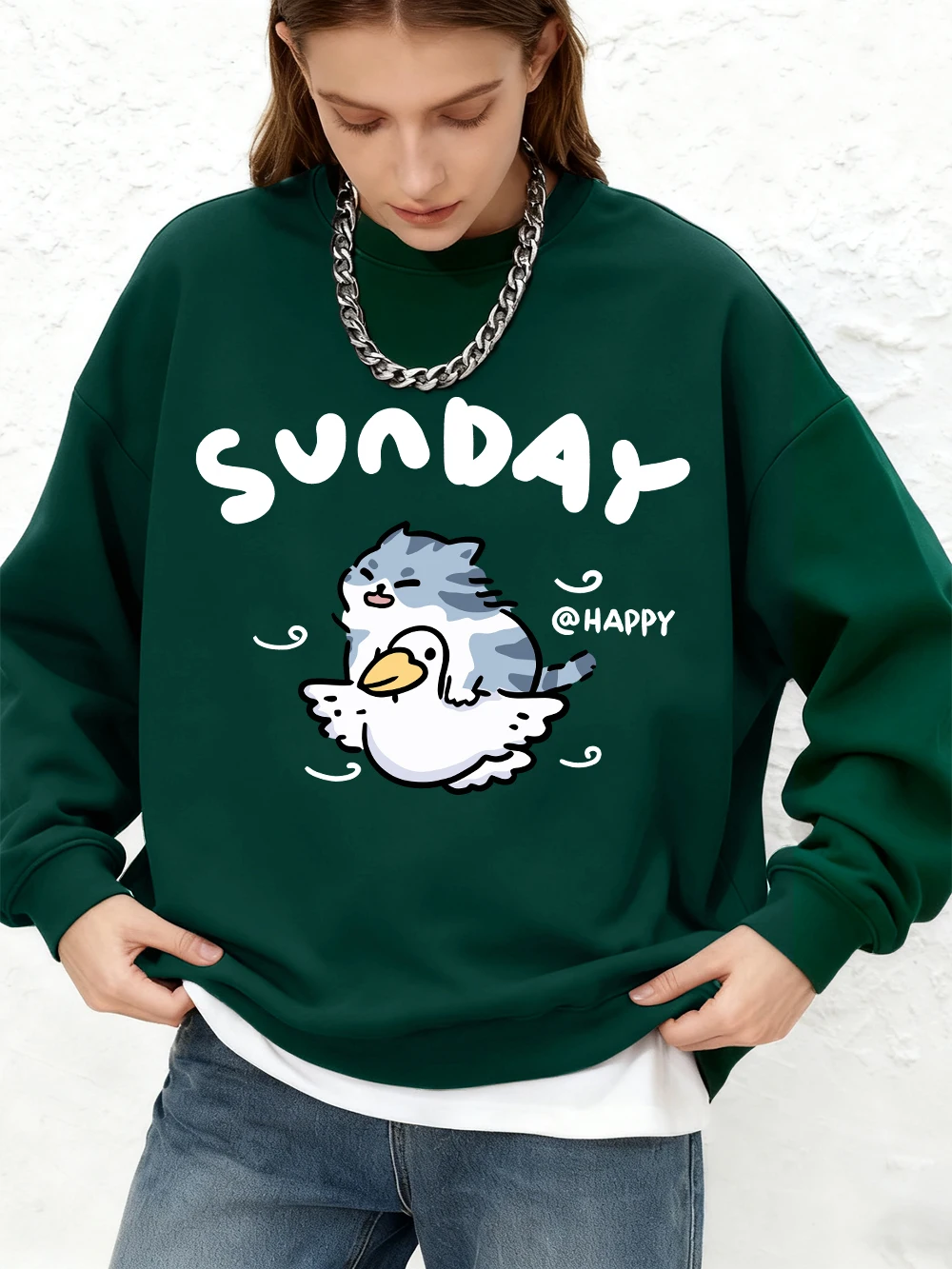 Happy Sunday Cat Duck Print Sweatshirts Womens Autumn Oversize Jogger Hoodies Basic Long Sleeves Warm Tops O-Neck Womans Clothes