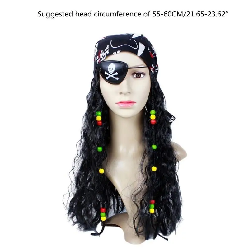 652F Piraat Pruik Piraat Outfit Kostuum Accessoires Zwart Krullend Piraat Pruik met Eye-Patch Sjaal Set voor Carnaval Halloween