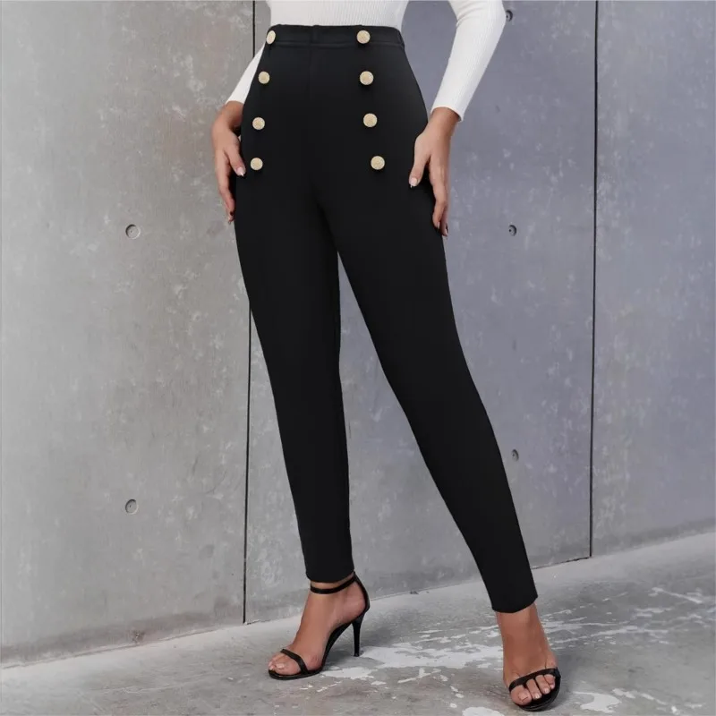 Black Casual Ladies Tight Pants Fashionable Double Breasted Buckle Decoration Elastic Waist Versatile Solid Color Pants New Item