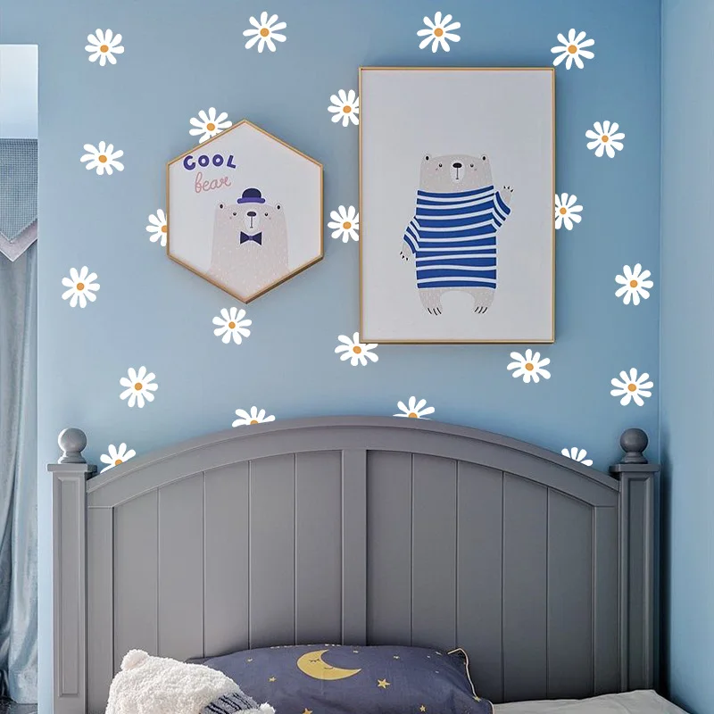 4Sheet Boho Daisy Flower Wall Decals for Girls Bedroom Kids Room Nursery Home Decoration Cute Kawaii White PVC Stickers