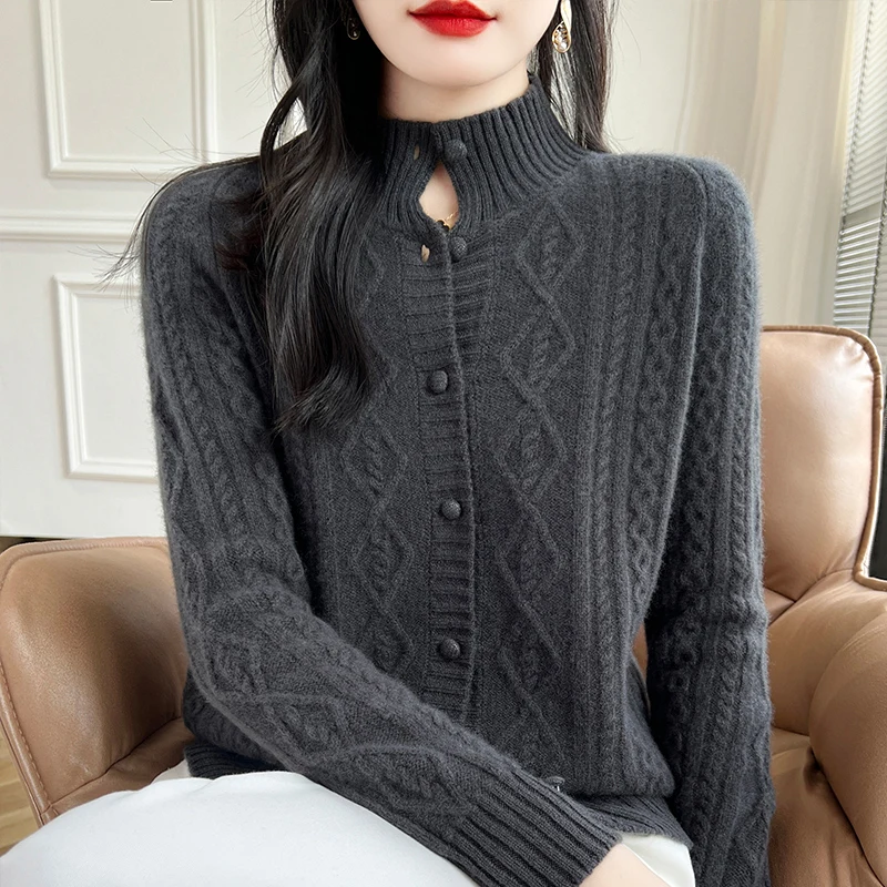 100% Wool Cashmere Cardigan Autumn Winter New Half High Collar Twist Coat High-End Knitwear Sweater Shirt Loose Women Thick Tops