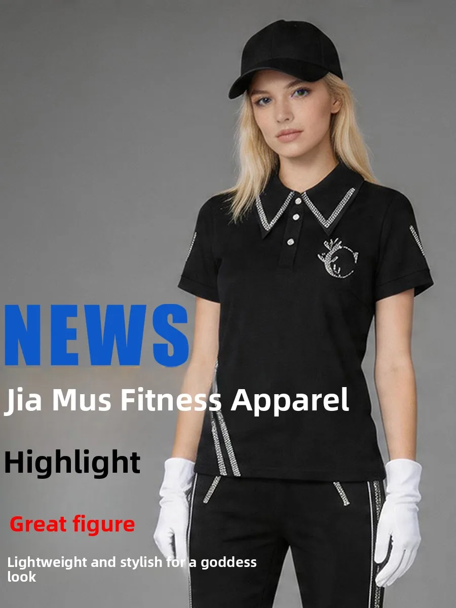 black-roman-cotton-short-sleeve-v-drill-fitness-uniform-top-diamond-embedded-square-dance-sportswear-women's-slim-fit-perform