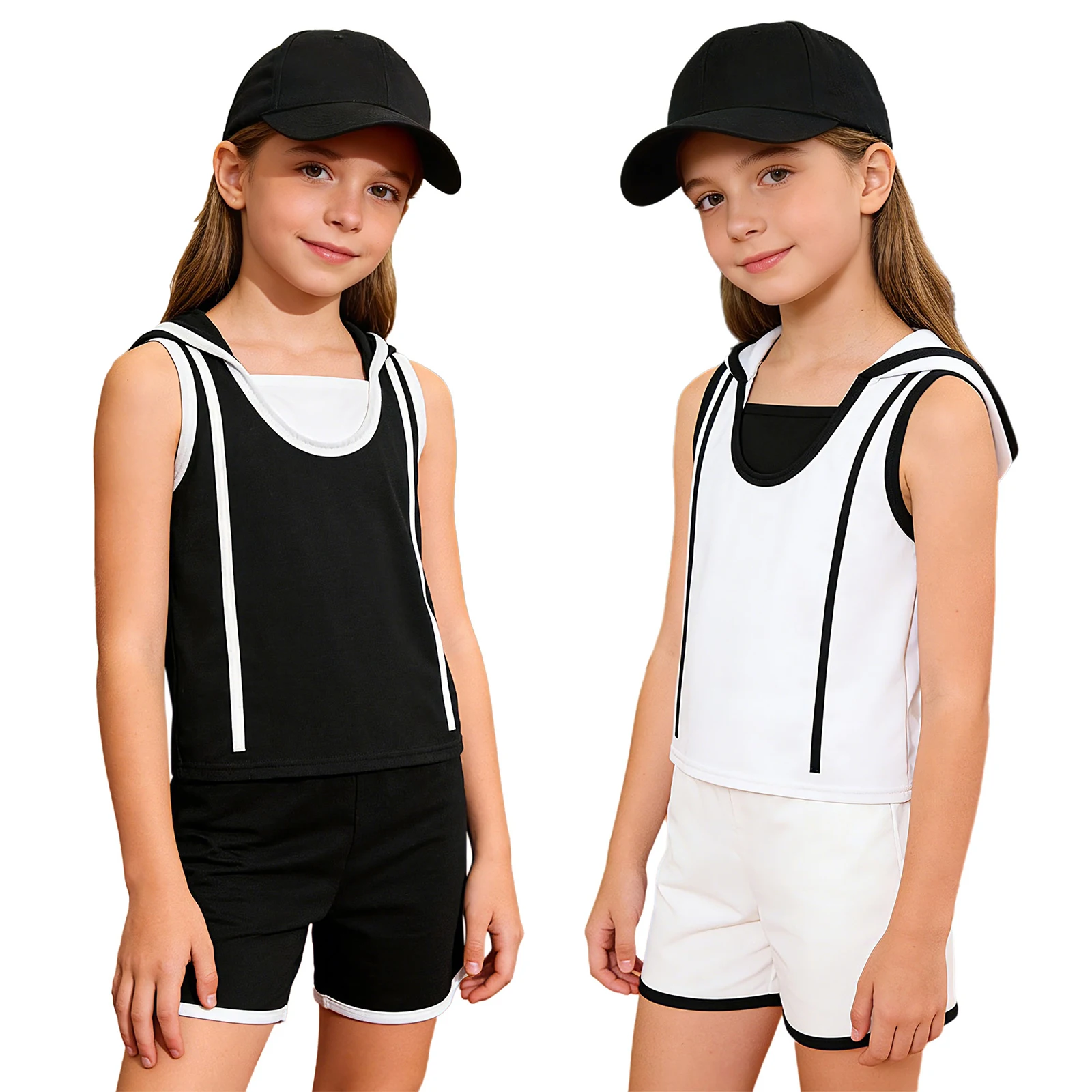 

Children Girls Sports Athletic Set Hip-Hop Casual Outfit Sleeveless Hooded Vest Tops with Shorts for Workout Fitness Running