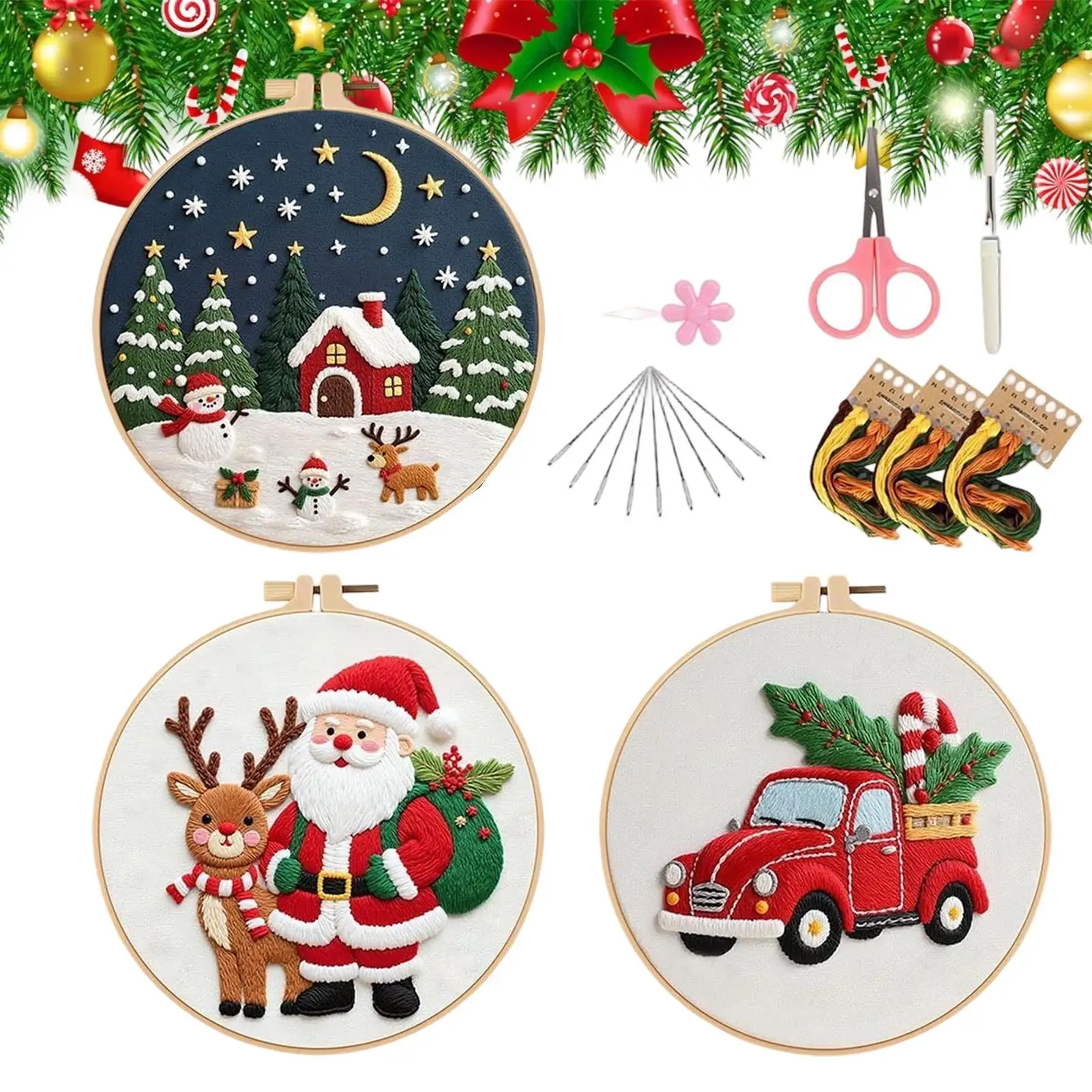 

Christmas Embroidery Kit Festive Stamped Complete Beginners Embroidery Set Including Hoop For Women Girls Mom Festival Birthday