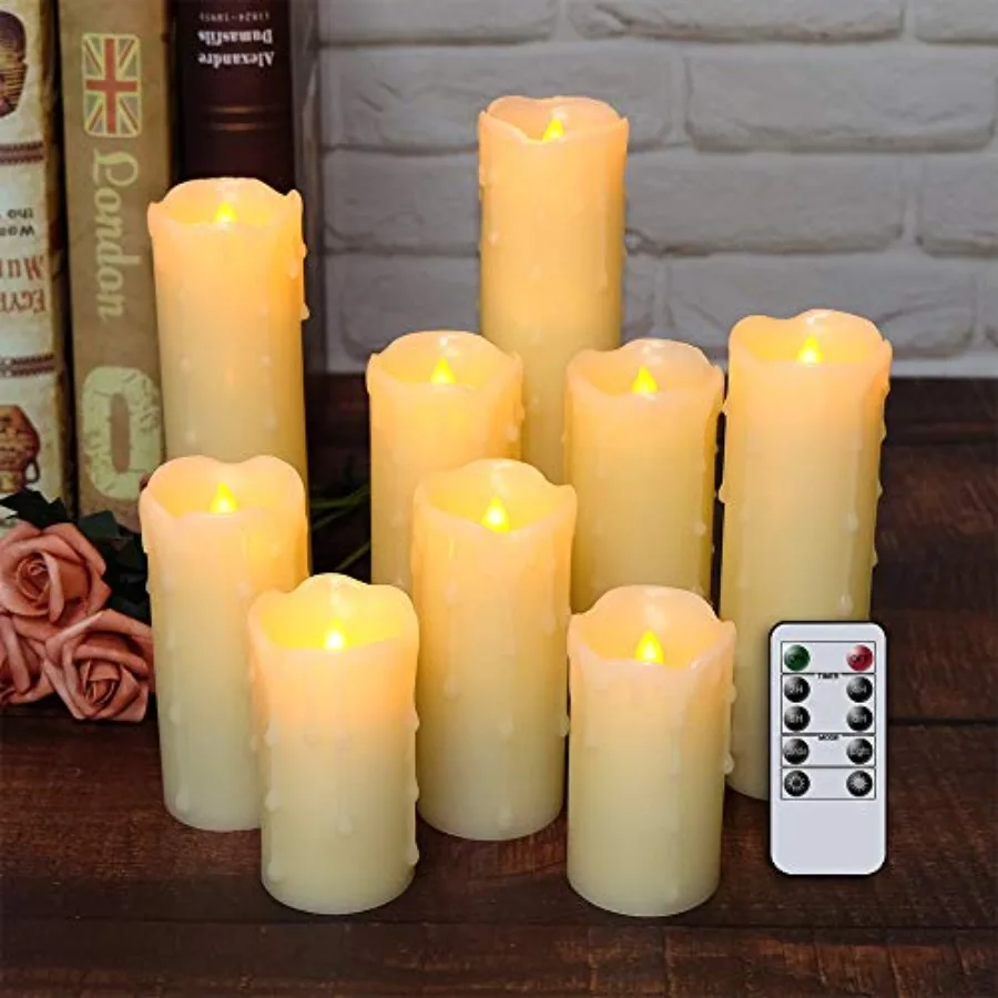 Flameless Flickering Candles Battery Operated with Remote and Timer, Set of 9 Dripping Real Wax Warm Light LED Pillar Candles f