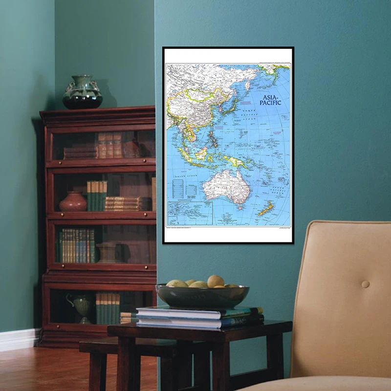 A2 tamanho mapa do mundo pintura da lona impressa parede arte mapa da ásia pacífico 1989 edição casa sala de estar papel parede decoração casa