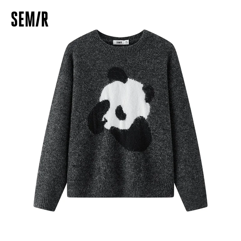 Semir Women Sweater Panda Graphic Crew Neck Drop Shoulder Loose Fit 2026 Winter Layering Wear Warm Knit Everyday Style