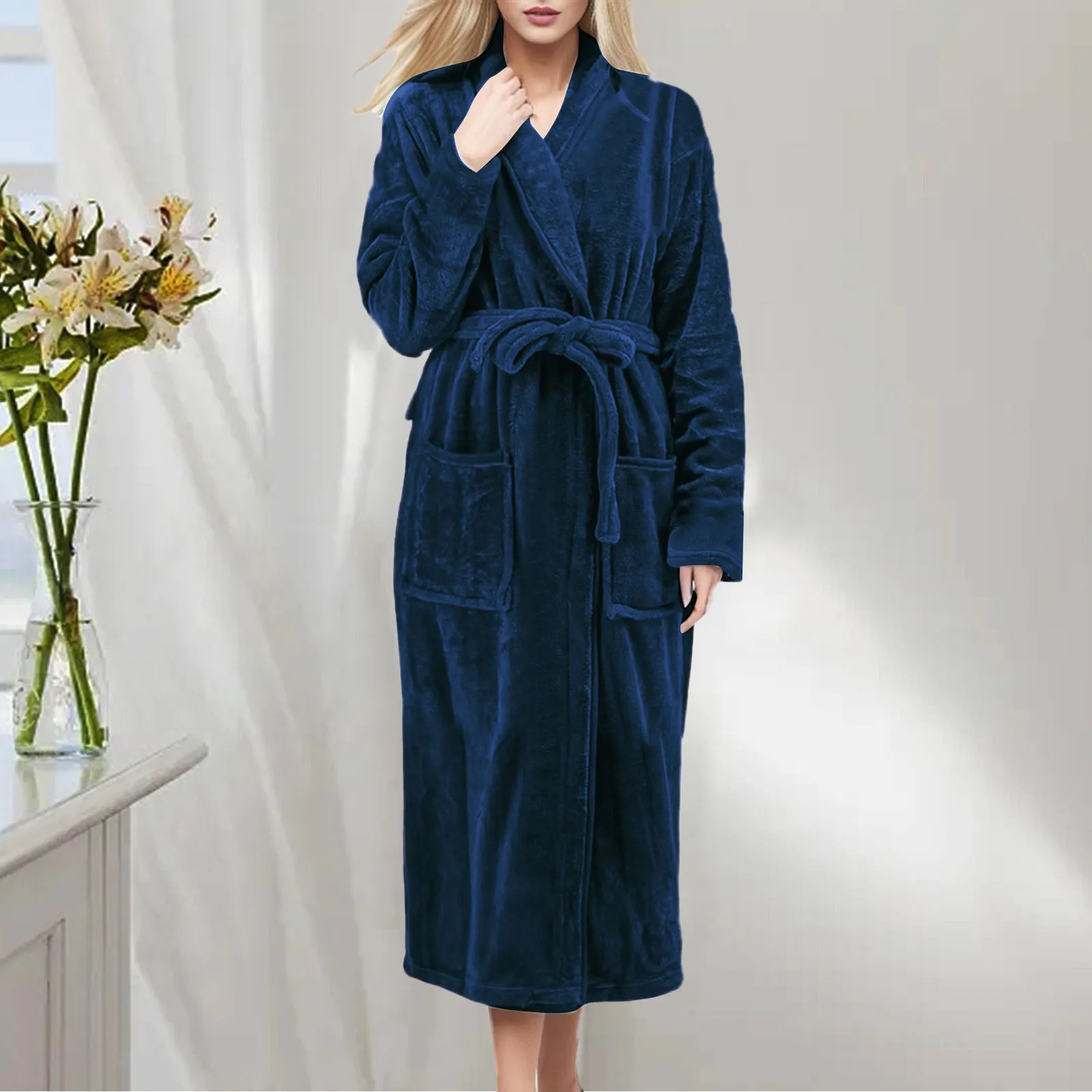 Women\'s Winter Sleepwear Robes Long Cloth Robes solid color Plus Size Bathrobe fluffy Coral Fleece Nightgown with pockets