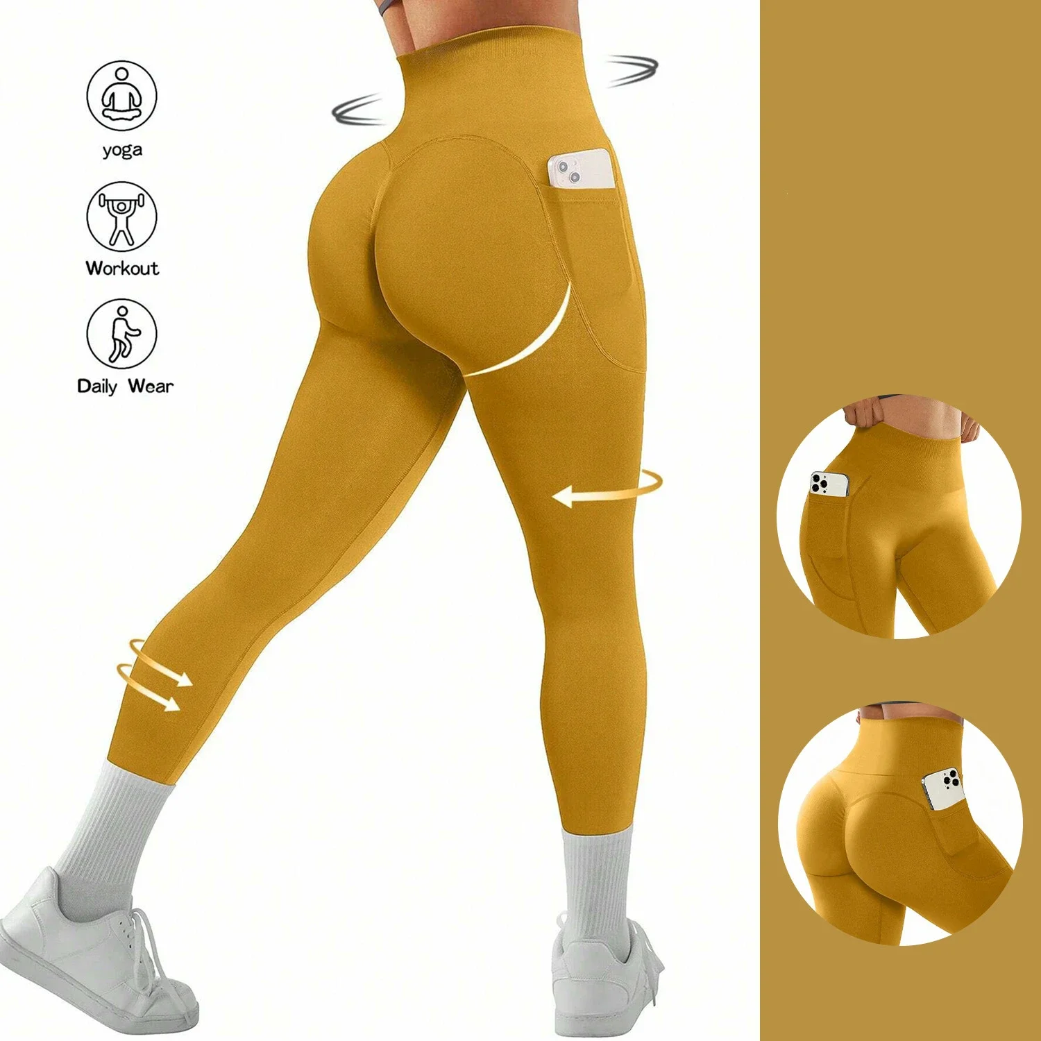 

Women High Waist Yoga Leggings Fitness Workout Sports Leggings Sexy Peach Hip Pants Stretch Double Side Pocket Tight Leggings
