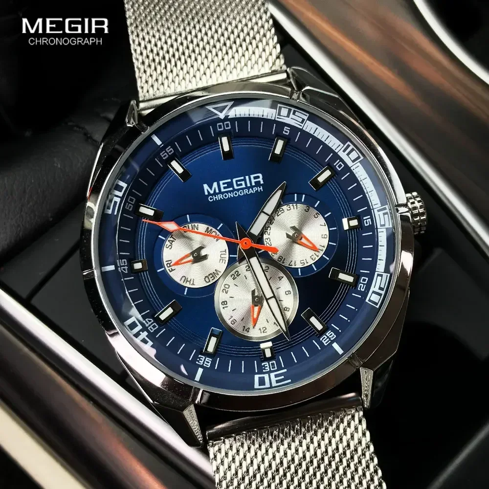 Relojes MEGIR para hombre 2020, marca Tp de lujo, reloj de cuarzo de cuero, relojes de pulsera de moda para hombre, banda de malla, reloj resistente al agua con fecha y semana