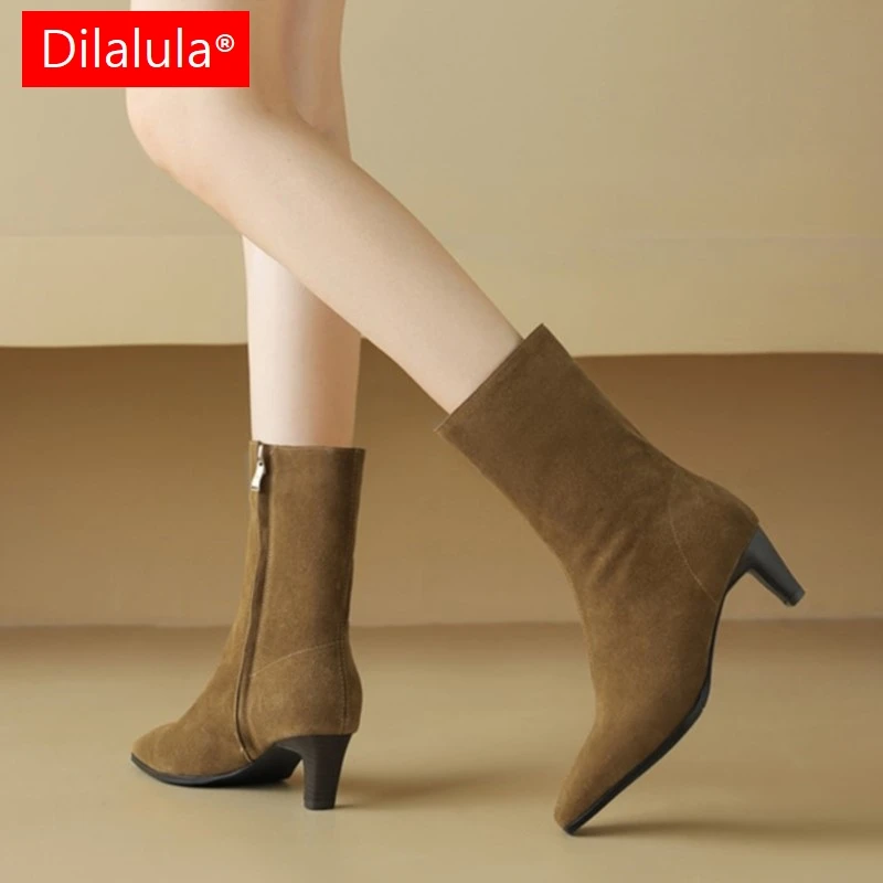 Dilalula 2026 Popular Genuine Cow Suede Women Short Boots Square Toe High Heels Office Lady Zip Leather Ankle Booties Plus Size