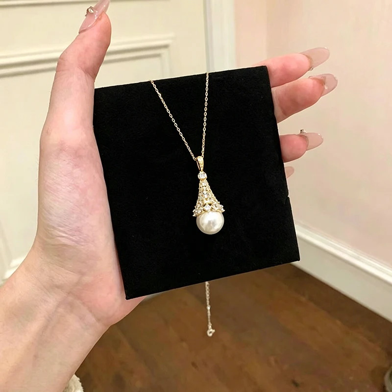 Abestecom Snow Tower Pendant Necklace Waterdrop Pearl Beads Vintage Necklace 2.8mm Missanite Stones Jewelry Valentine Gift