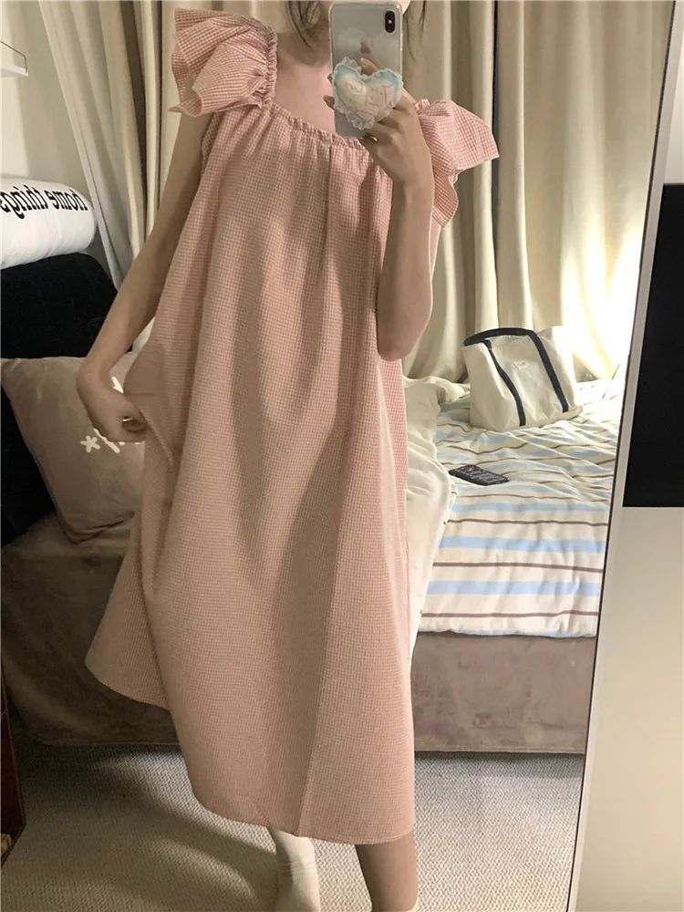 

Solid Sweet Strapless Backless Plaid Home Summer Girlish Style NightDress Women Kawaii Hollow out V-Neck Loose Sleepwear Ins