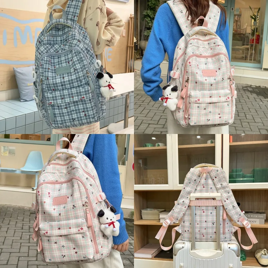 

【New style】Junior high school students high school students female star checked schoolbag large capacity commuting campus all-m