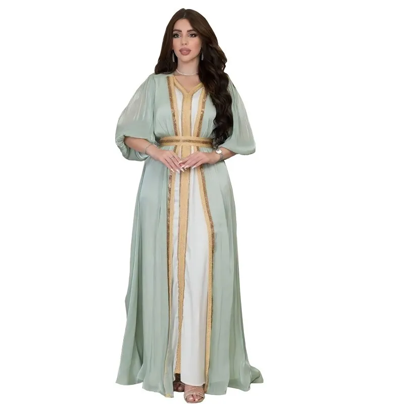 Lavender Sequin Dress V Neck Puffed Sleeves Satin Dresses Belted Waist Floor Length Gown Gold Trim Embroidered Trim Evening view 5