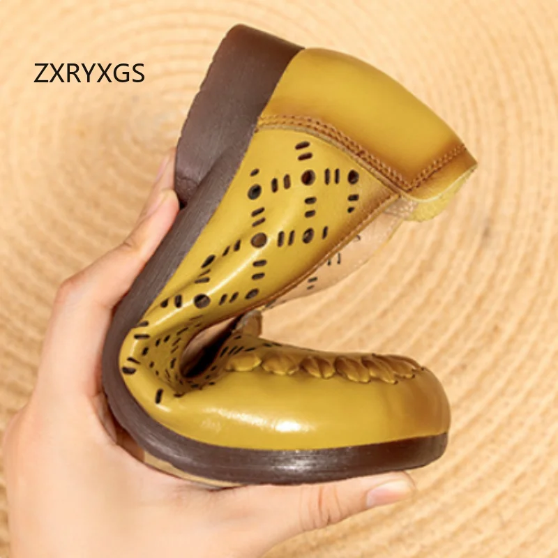 ZXRYXGS Hot Selling 2026 Genuine Leather Hollow Shoes Women Breathable Sandals Flat Shoe Elegant Comfortable Spring Summer Flats