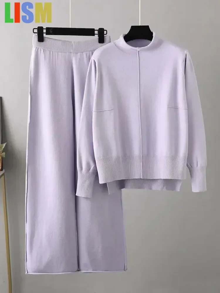 

LISM winter Women's tracksuit trousers sets Knitted Wide Leg Pant Suits Loose Woman Outfit Casual Knitwears 2 Piece Sets
