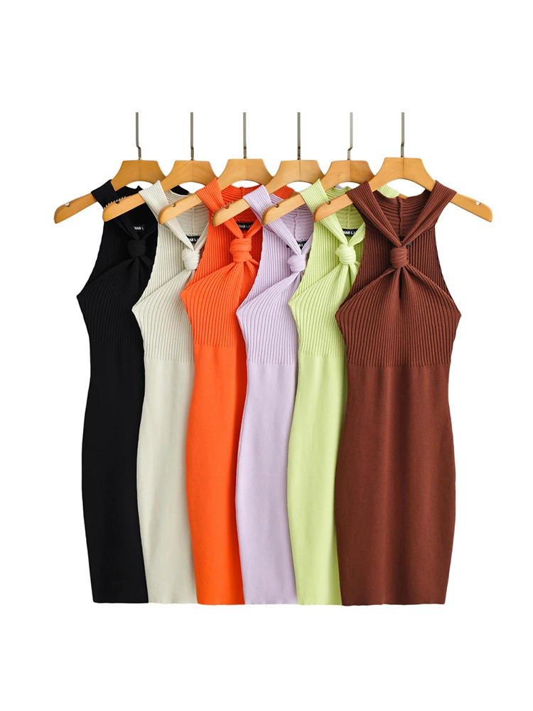 

Women Halter Sleeveless Solid Color Dress Summer Knitted Elastic Slim Dresses 2022 vestidos