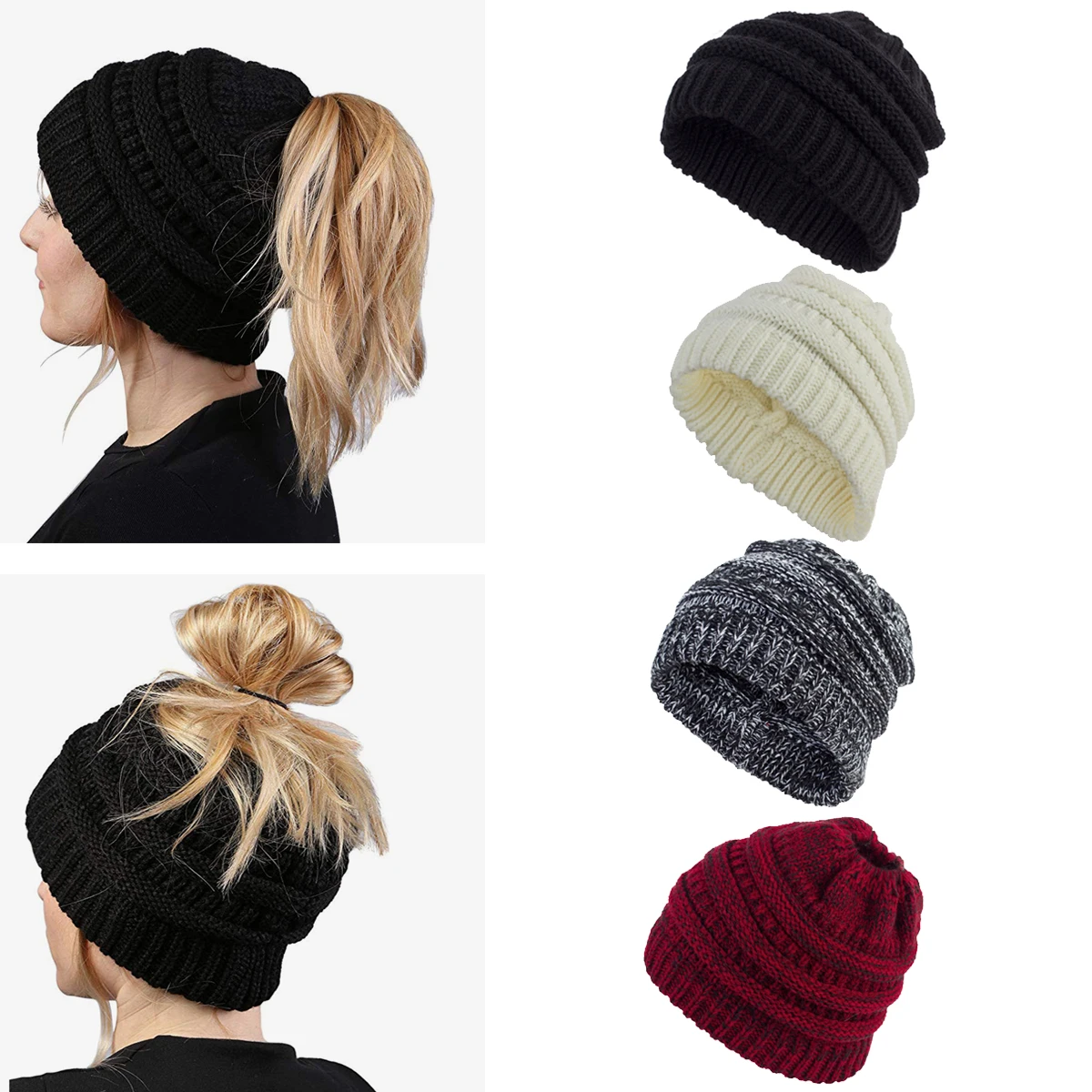 2023 New Women Hats Autumn Winter Ponytail Beanie Hat Warmer Solid Color Lady Stretch Knitted Crochet Beanies Hats Cap Outdoor