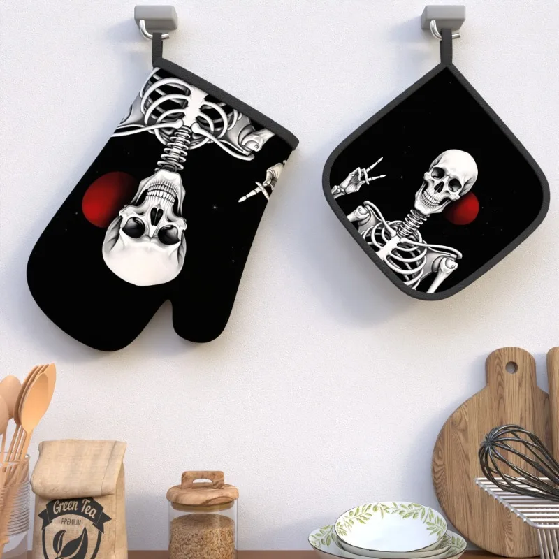2pcs Skull Design Polyester Oven Mitt Set, Heat Resistant Woven Potholders for Cooking, Baking, Grilling, Broiling