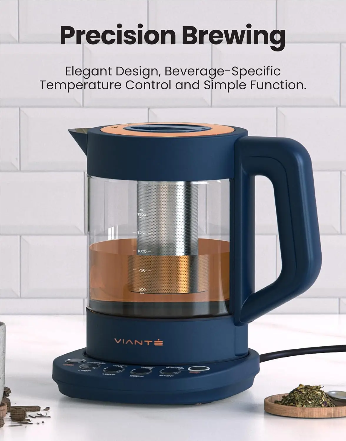 Viante Alba Electric Tea Kettle, Infuser, No Plastic, 1.5L, Midnight Blue | Borosilicate glass & 304 stainless steel