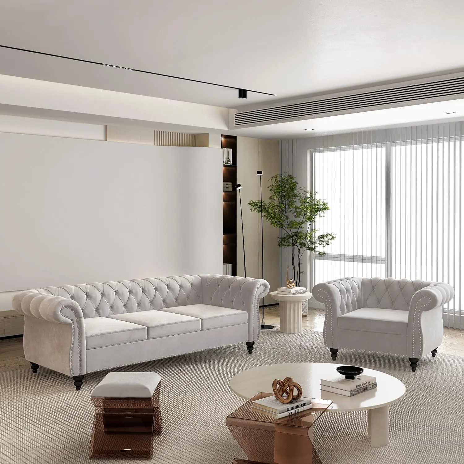 

2 Piece Living Room Set, Velvet Chesterfield Sofa Couch Chair With Scroll A And Nailhead For Living Room, Office (Grey)