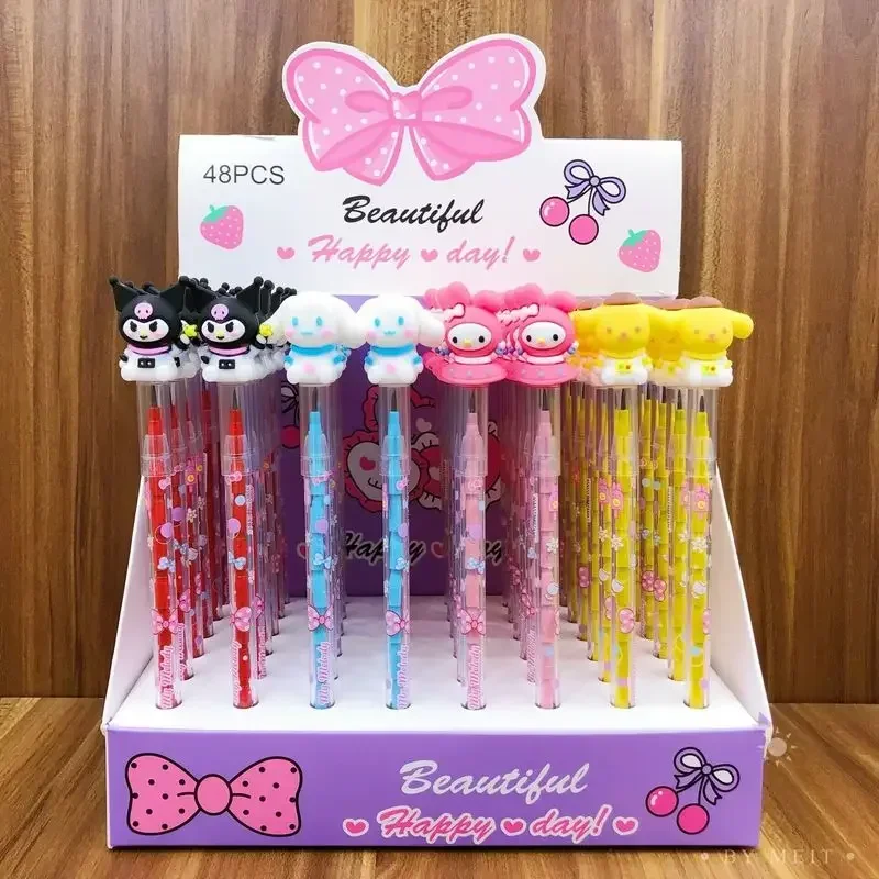 Sanrio 48pcs Bullet Pencil-free Stationery Kawaii Hello Kitty Kuromi Panda Silicone Head Student Learning School Office Supplie