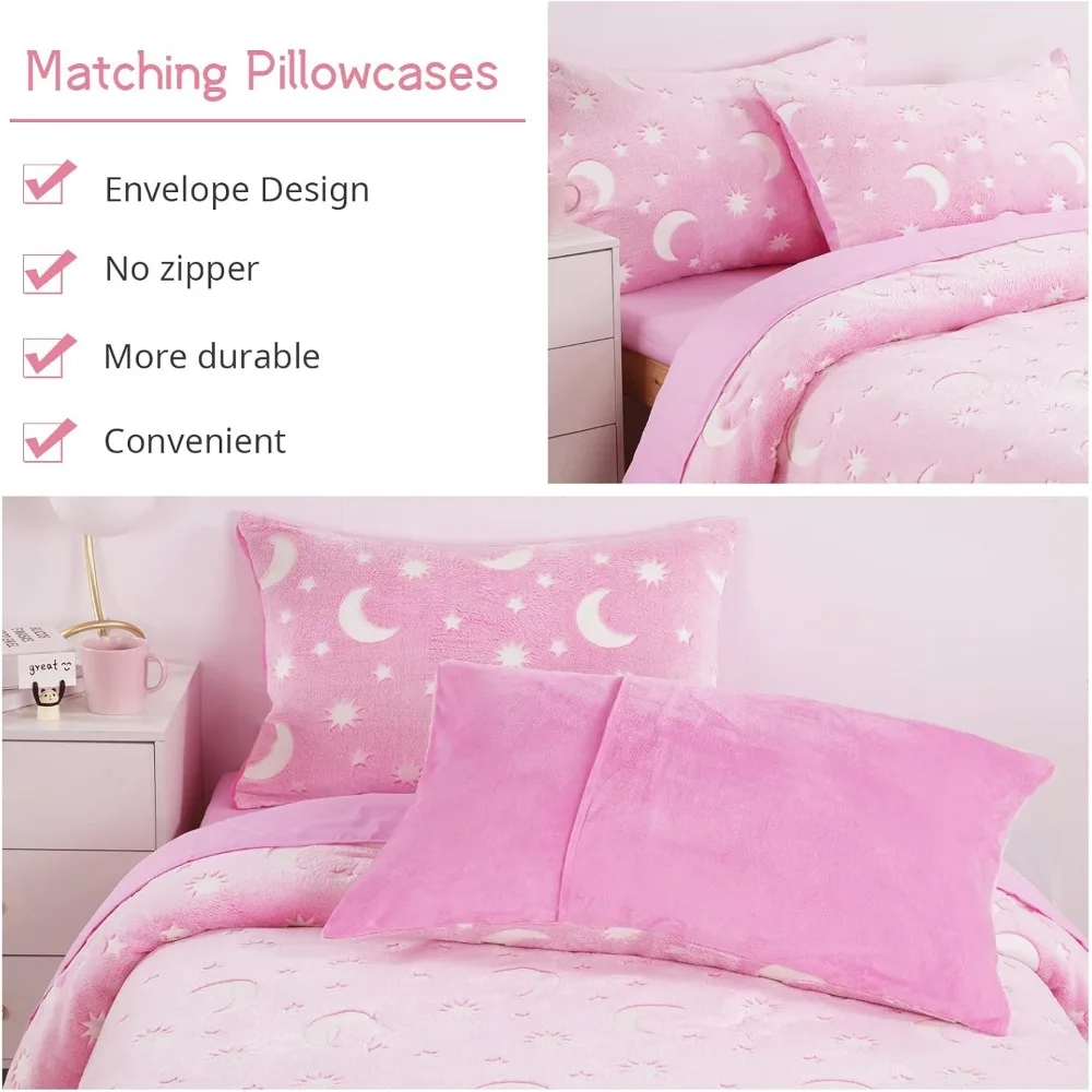 HOMBYS Conjunto de edredom que brilha no escuro 5 peças Twin/Twin XL com lençóis, conjuntos de edredom de cama de veludo rosa para cama de solteiro, Ultra S