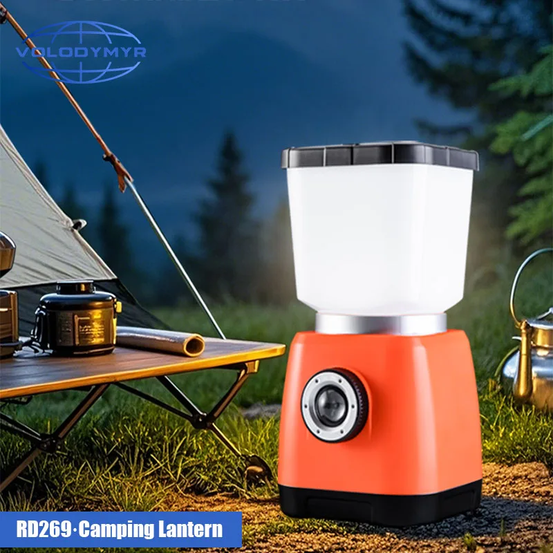 VOLODYMYR Rechargeable Camping Lantern LED Camping Lamp Adjustable Brightness Dual Light Source Waterproof Hook for Outdoor