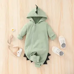 Newborn Baby Clothes Solid Color Hooded Zipper Jumpsuit Rompers Newborn Baby Boys Girls Cartoon Dinosaur Costume